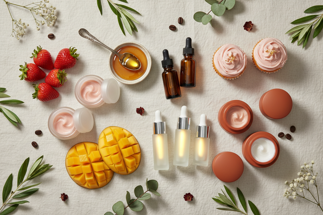 Color Palette
Base tones: Cream, terracotta, soft olive, blush pink
Accent tones: Deep berry, cacao brown, golden honey
These evoke natural ingredients, luxury, and warmth
🧁 Visual Pairings
Feature food + skincare duos: e.g., strawberry cupcakes next to strawberry body butter
Use ingredient storytelling: “From feast to face—our mangoes nourish inside and out”
🛍️ Navigation & UX
Add a “Skincare Rituals” tab under Agape Sale
Use bundled collections: “Glow & Gourmet Sets” or “Beauty from Within Boxes”