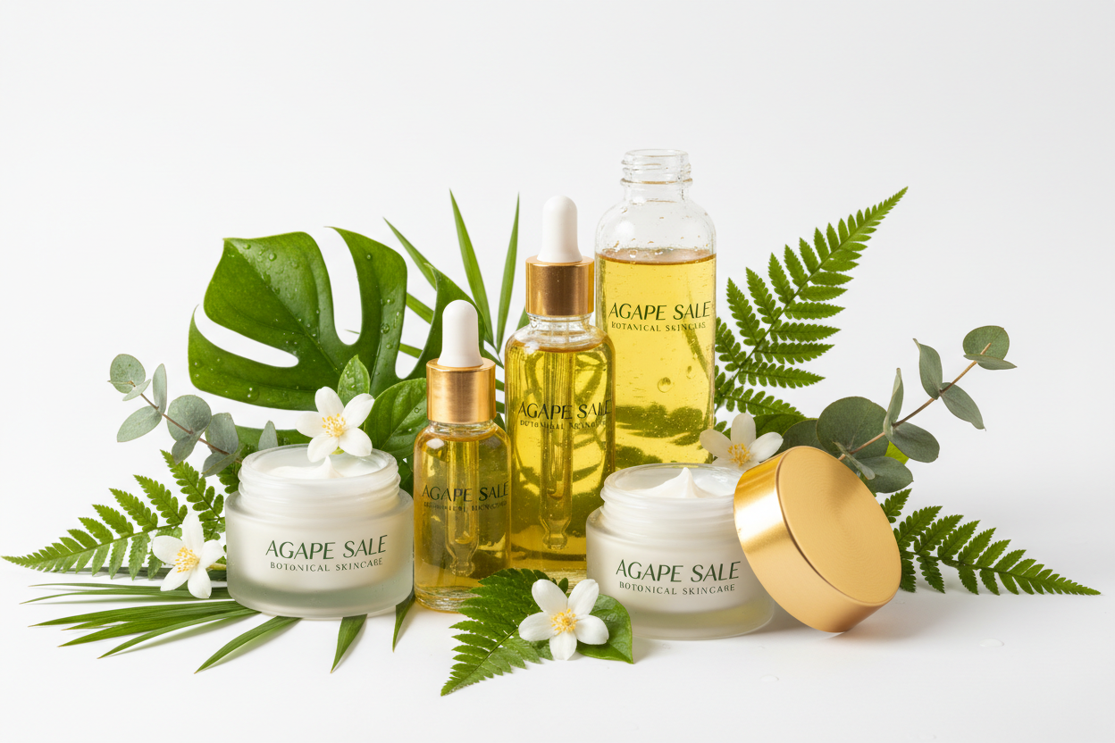 Visual Inspiration: Botanical flasks + cream jars (Image: green leaves + yellow liquid). Brand name: Agape Sale